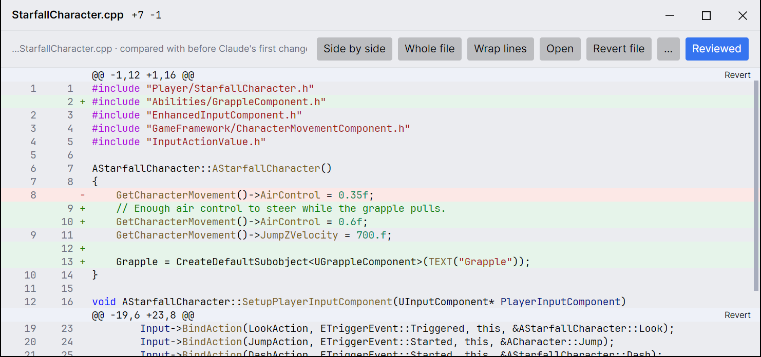 The diff view window for StarfallCharacter.cpp, with the changed lines marked and a Revert button on each change.