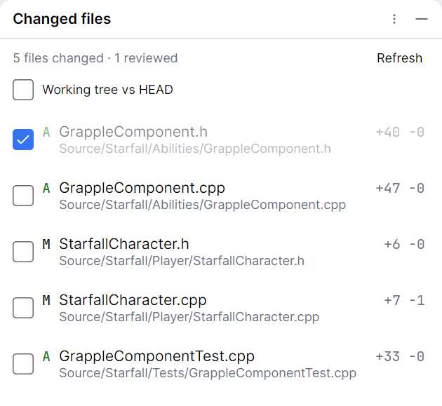 The Changed files tool window: a summary of five files changed with two reviewed, a Working tree vs HEAD box, and a row for each file with its status letter, name, line counts and folder.