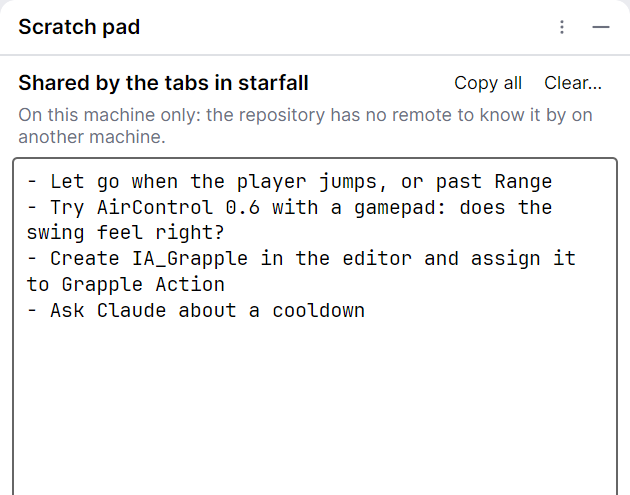 The Scratch pad tool window, with notes and a command kept from a conversation.