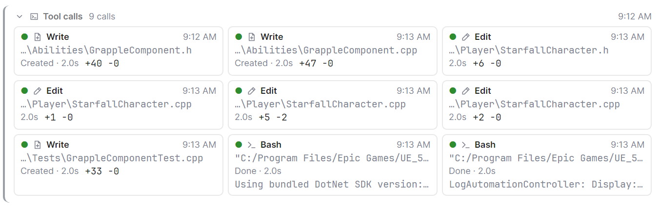 A Tool calls card with tiles for several calls: files read, an edit with its line counts, and a command.