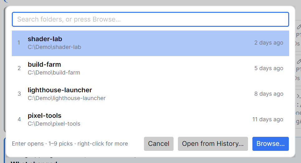 The New tab picker open over the window, listing recent project folders with their branches and paths