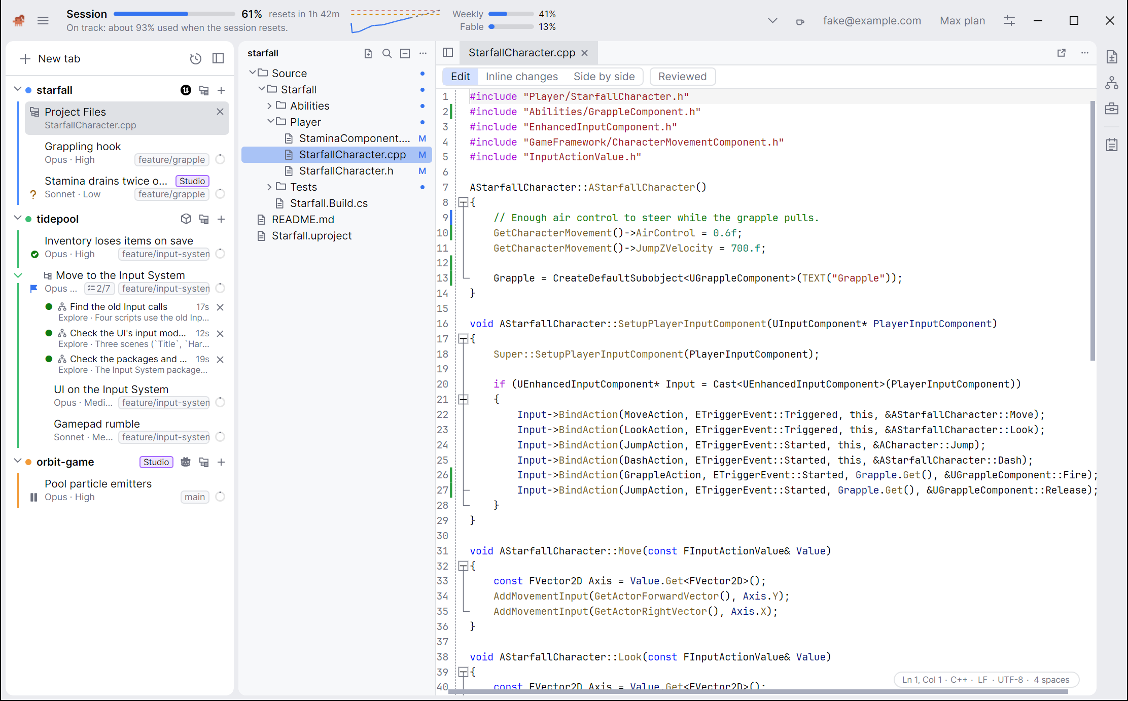 A project's Files tab: the explorer's tree on the left with letters beside the files Claude changed, and a C++ file open in the editor with its tabs above it and Claude's changes marked in the gutter.