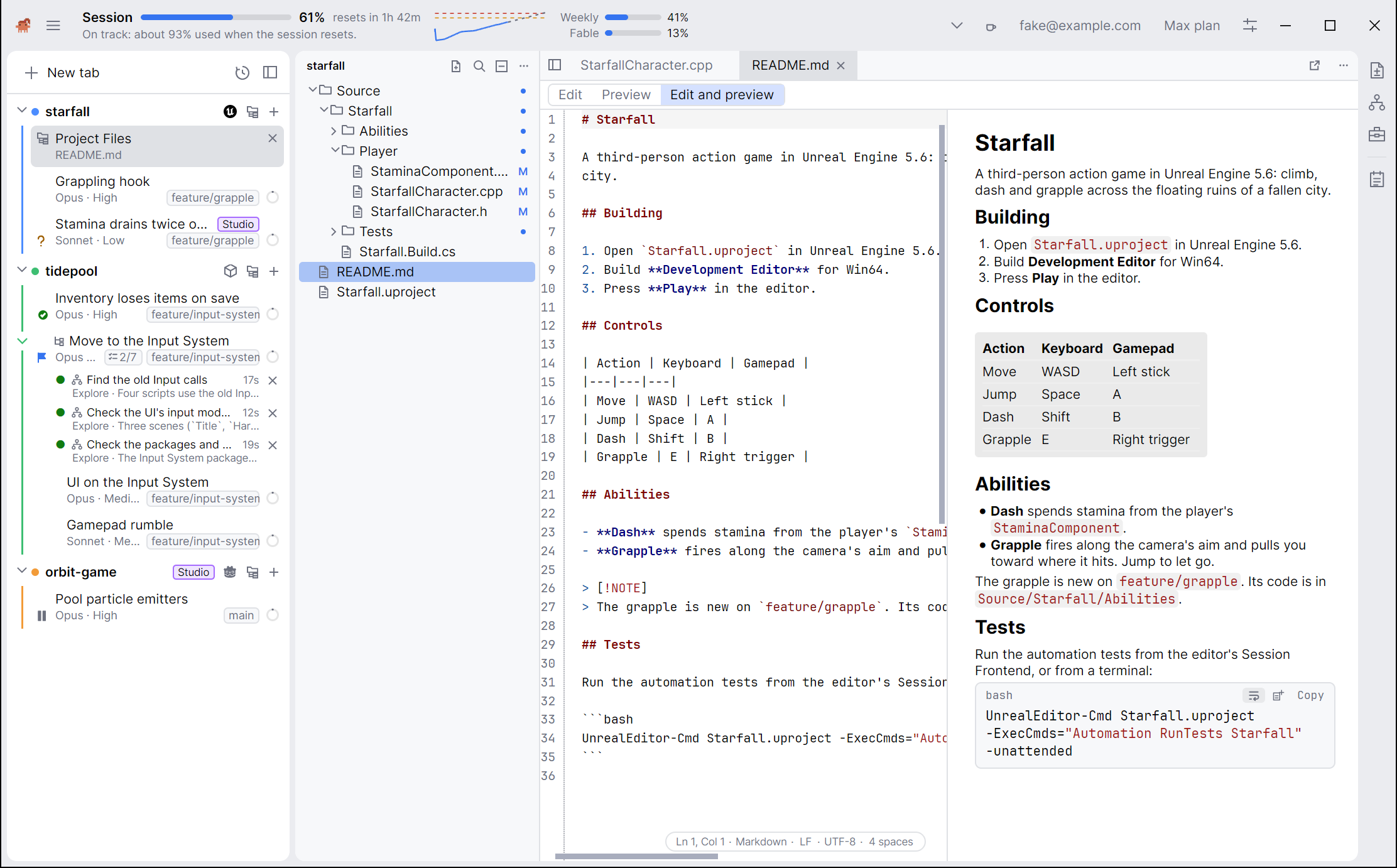 A README open in a Files tab with Edit and preview picked: its text in the editor on the left, and on the right the same file rendered, with its headings, a numbered list, a table of controls and a code block.
