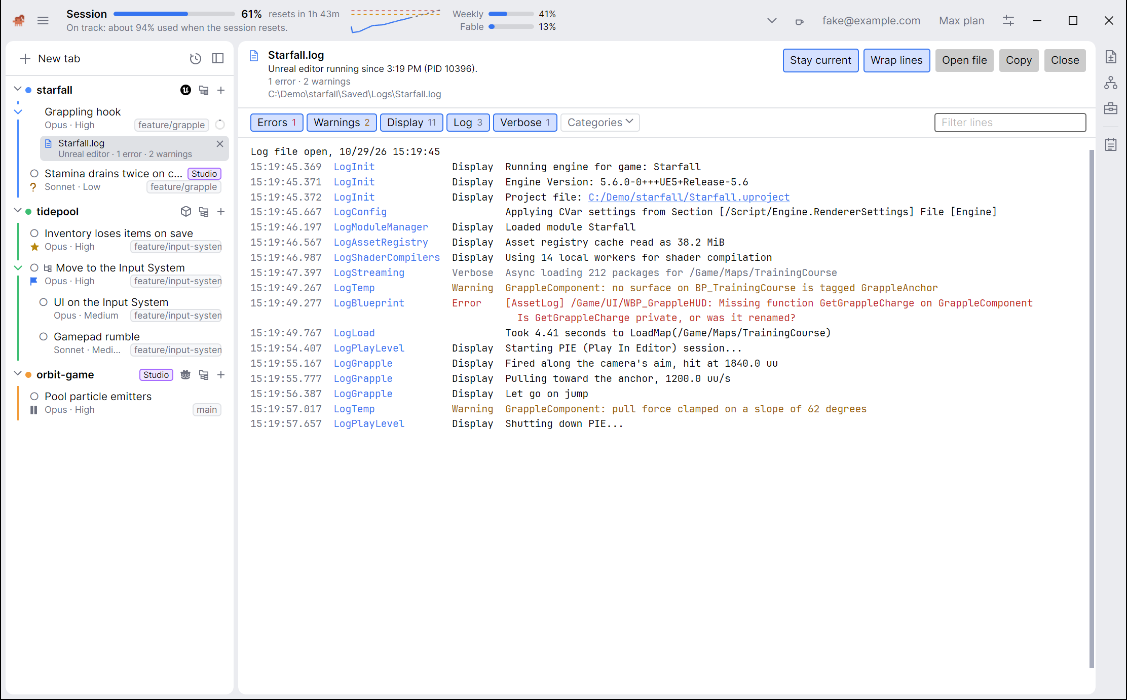 The sidebar with Starfall.log under the Grappling hook tab, and the Unreal editor's log in the main area: Stay current and Wrap lines beside Open file, a chip for each level with its count, Categories and Filter lines, then the log in columns of time, category, verbosity and message, with an error in red and warnings in amber.