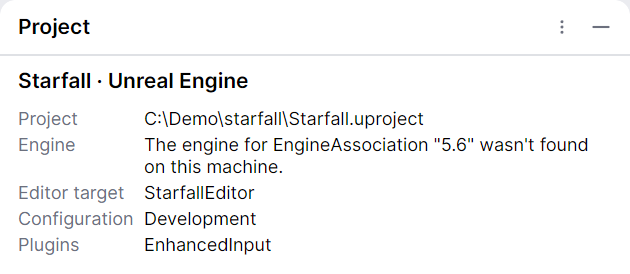 The Project tool window for the Unreal project, with the project's details.
