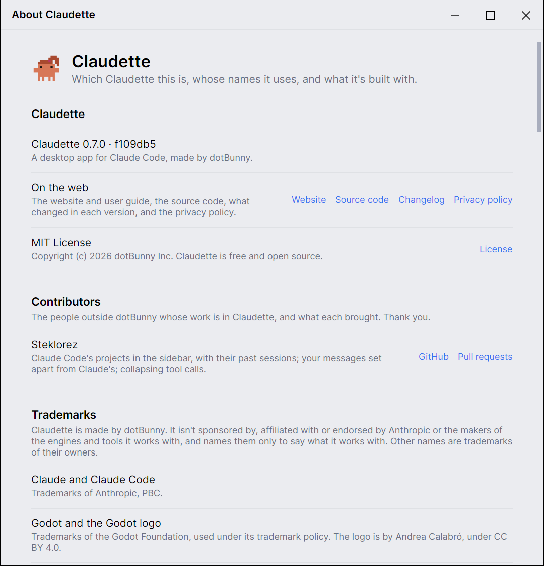 About Claudette, its own window: Claudette's logo and name, the version, On the web with Website, Source code, Changelog and Privacy policy, Claudette's MIT License, and the Trademarks section with a row for each name and its owner's notice