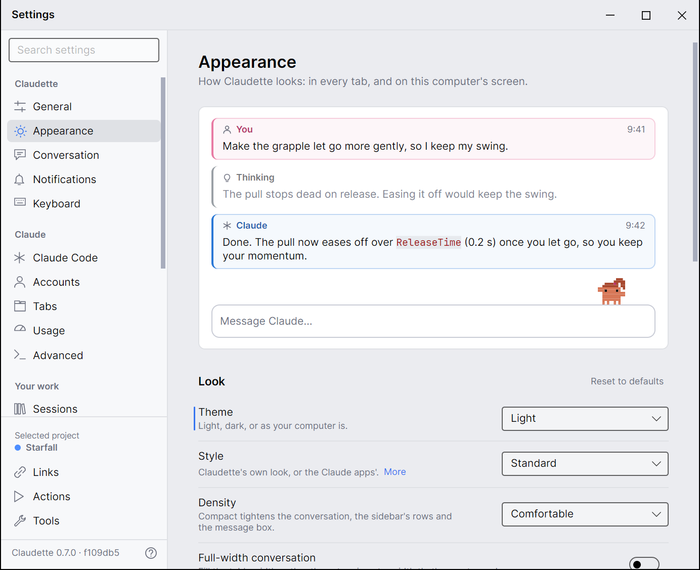 Settings, Appearance: the preview of a tab at the top, then the theme, style, density and full-width conversation, the conversation and code fonts with their sizes, zoom and motion, and Claudette's settings