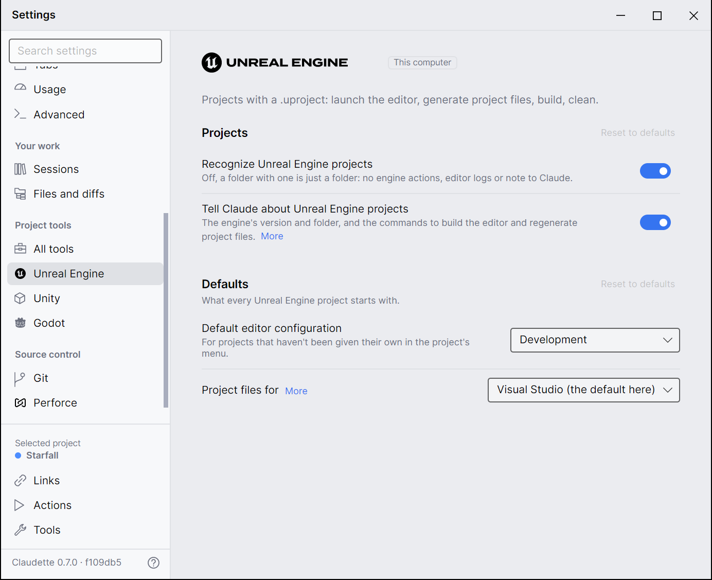 Settings on Unreal Engine's page in the Project tools group, under All tools: its Recognize and Tell Claude switches under Projects, then its default editor configuration and project files under Defaults