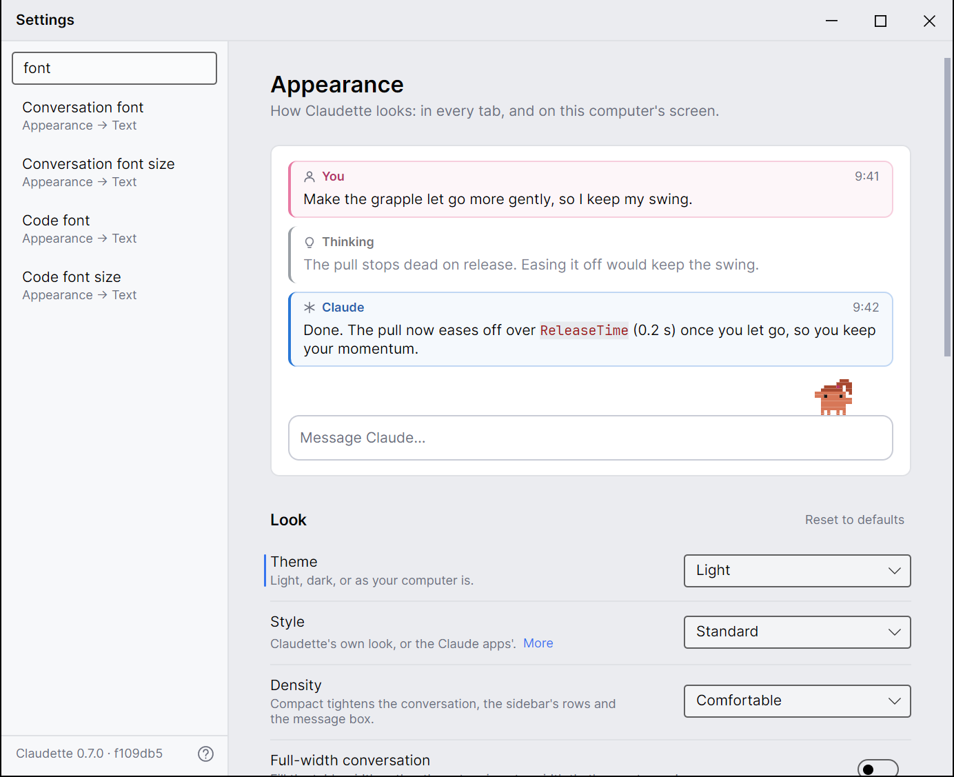 Settings searched for font: the four font settings and others that mention fonts, each with its page and section under it, and Appearance's Text section on the right