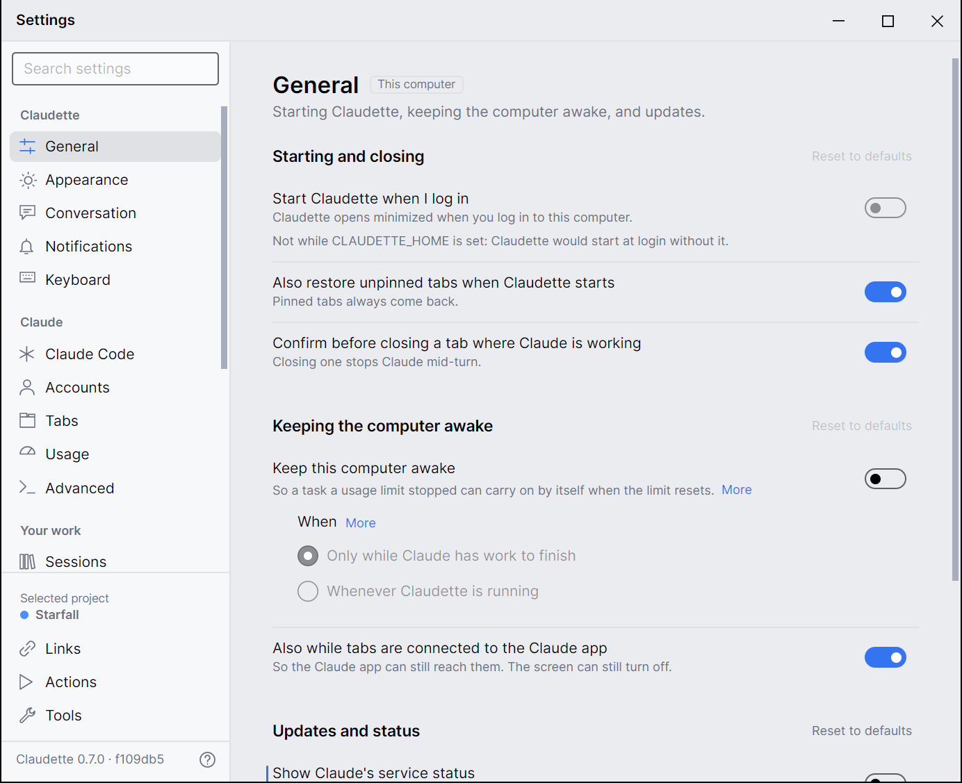 The Settings window on General: the pages in their groups and a search box down the left, with the version and Help at its foot, and General's sections on the right, each with its settings and Reset to defaults