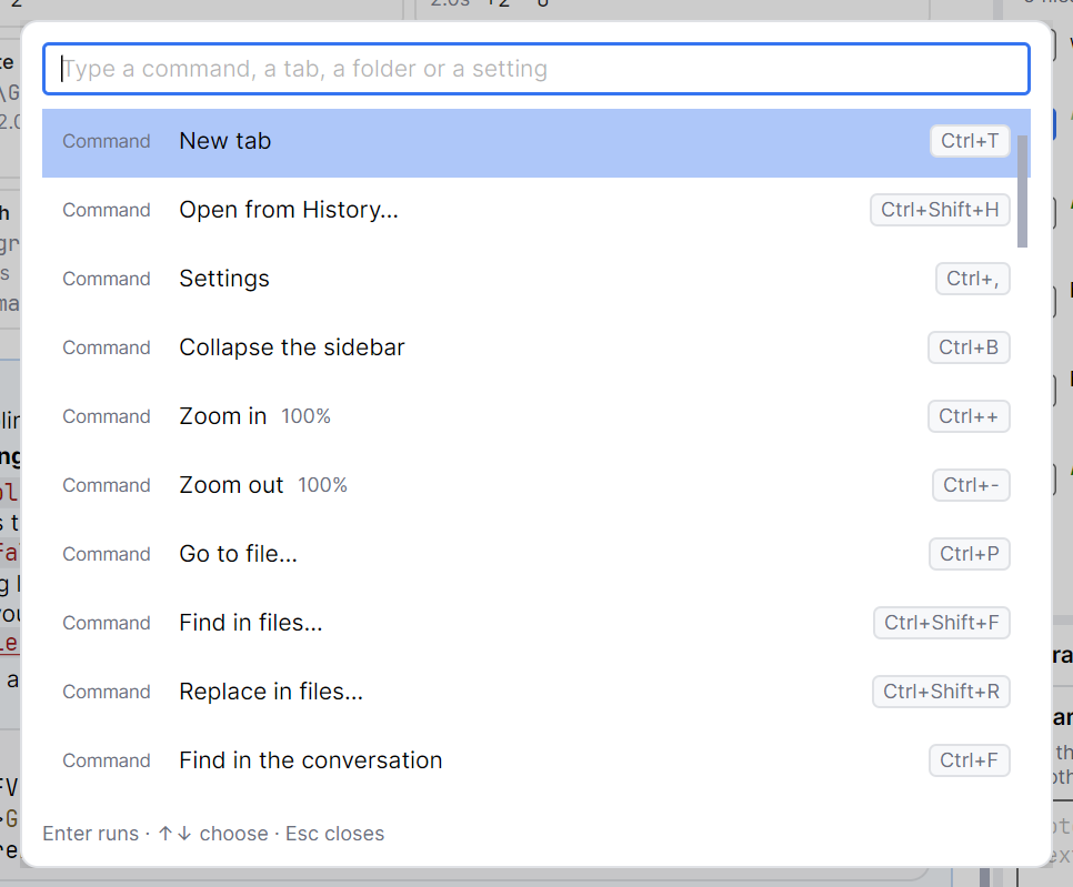 The command palette open over the window, with a list of commands and their shortcuts.
