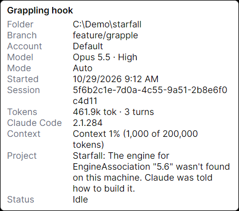 The info card of the Grappling hook tab, listing its folder, branch, model, session, tokens, context and status.