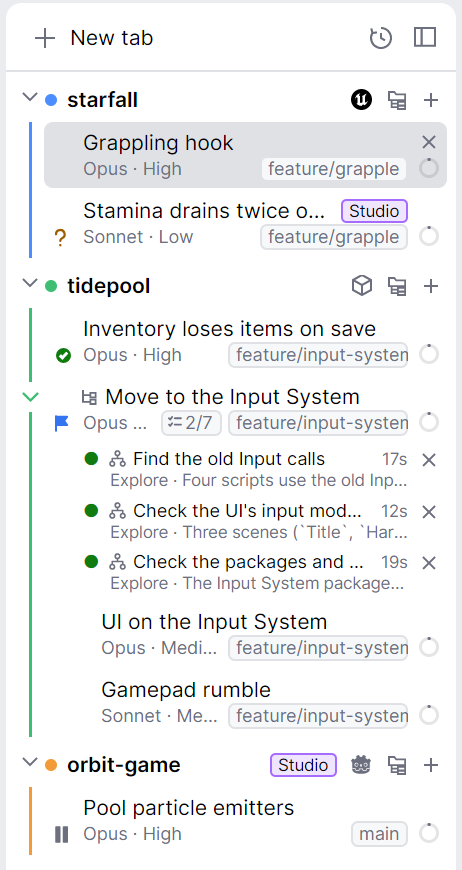 The sidebar with three folder groups, each with a colored label and its tabs listed under it.