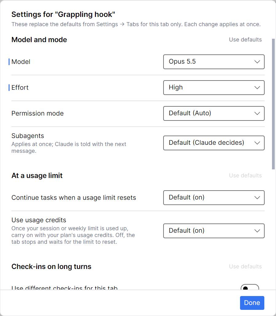 Tab settings for the Grappling hook tab: its own model and effort marked as changed under Model and mode, then At a usage limit, each section with Use defaults, and Done
