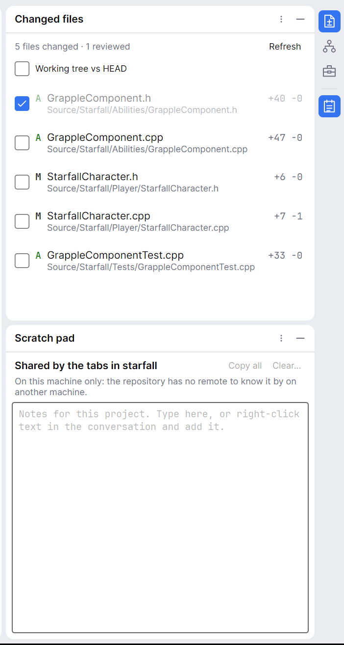 The tool windows at the right: Changed files above Scratch pad, each with its title, ⋮ and − on its header, and the strip of icons beside them, the two windows' icons filled in.