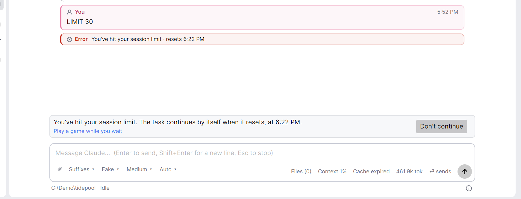 A tab stopped at its session limit: a bar over the composer says the task continues by itself when the limit resets, with Don't continue beside it