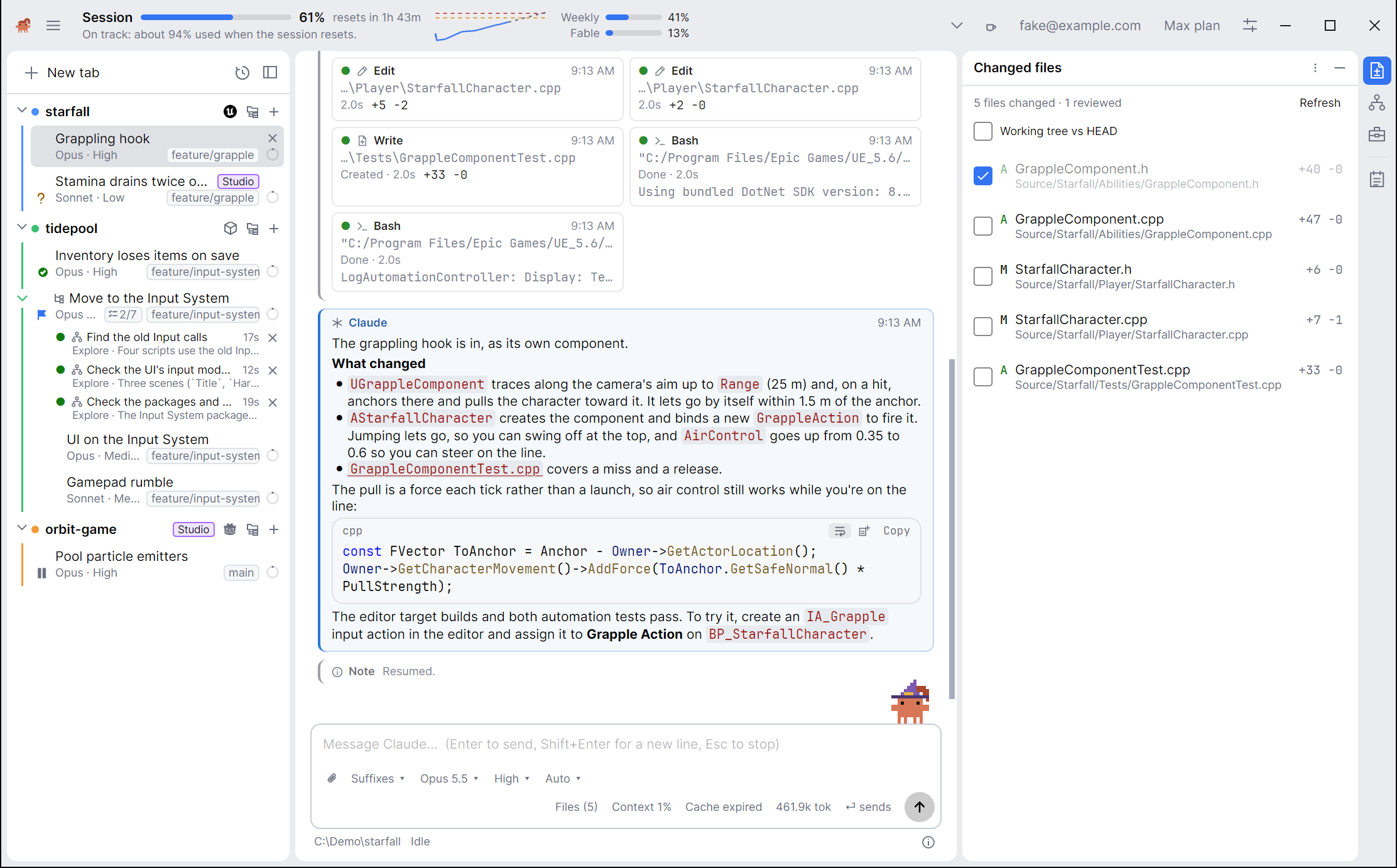 Claudette's window: seven tabs over three game projects in the sidebar, a conversation with tool calls and a code block, the Changed files tool window, the plan's usage in the header, and Claudette herself standing on the message box