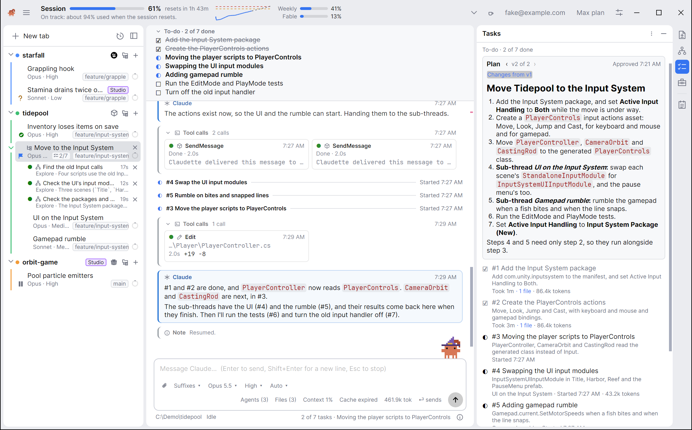 The Tasks page of a thread: the plan in its second version with its changes from the first, seven tasks with two done and who has each, the thread's sub-threads under it in the sidebar, and SendMessage calls in the conversation.